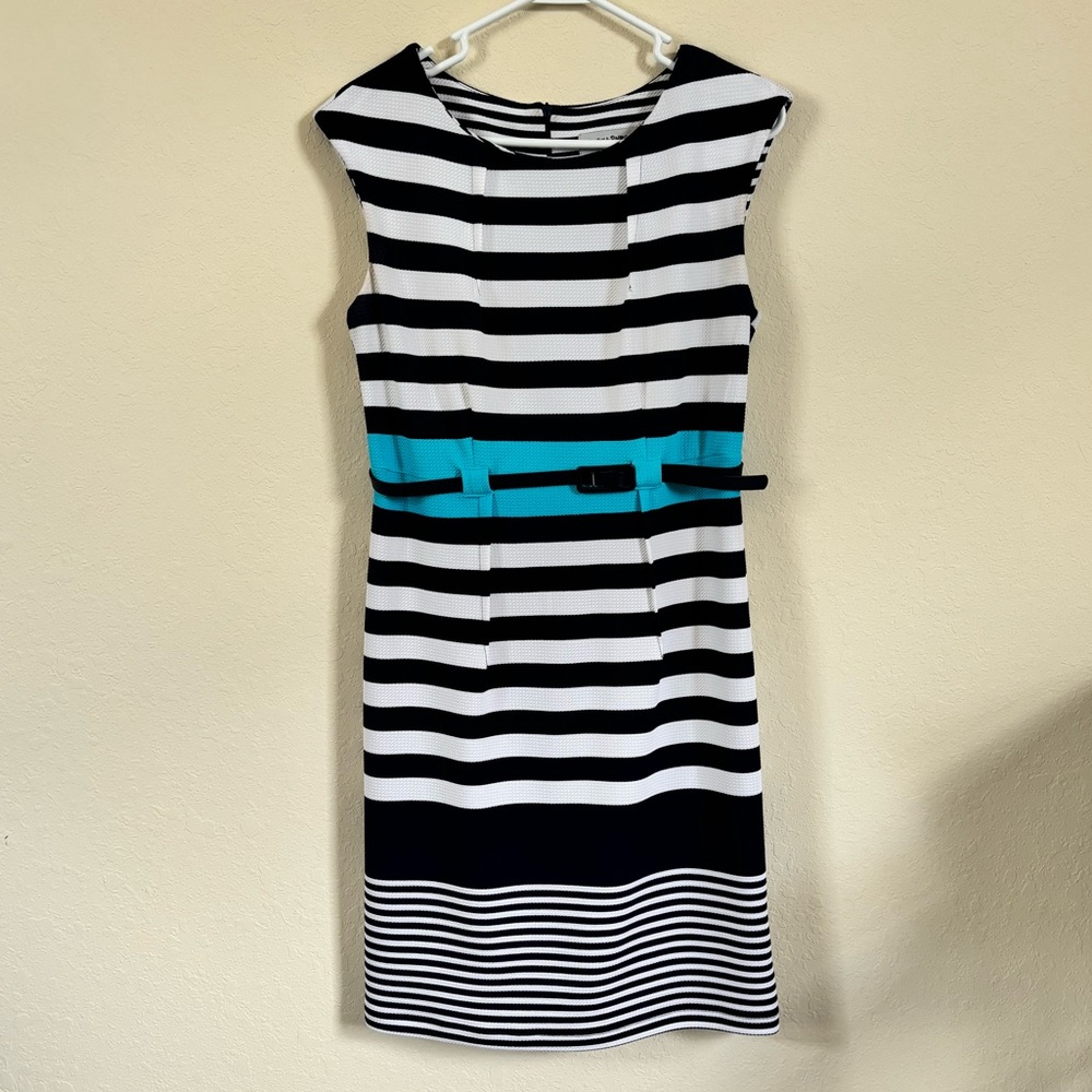 Women’s Blue Striped Dress with Belt. Size 6
